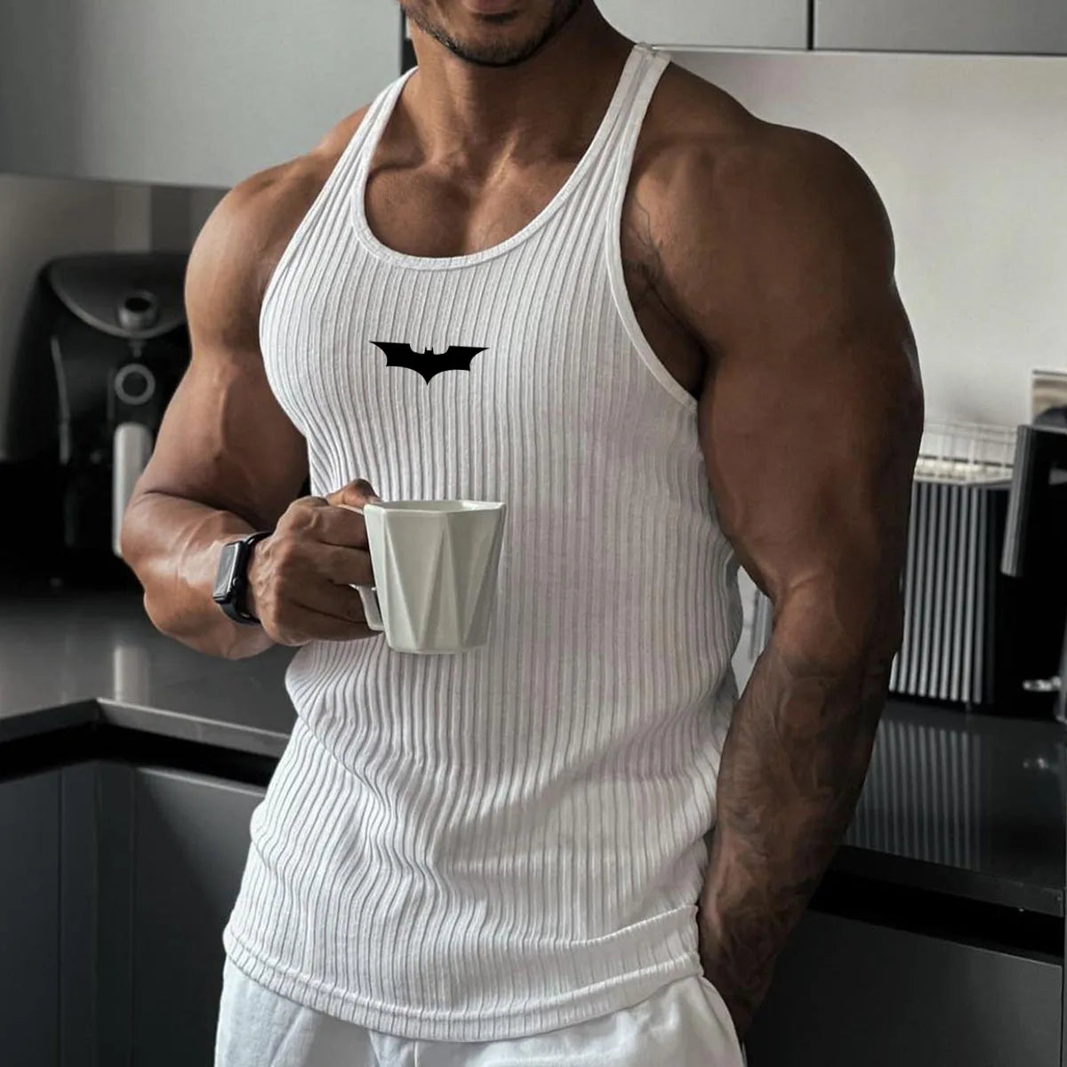 2026 Summer Men Bat Vest Plus Size Stripe Gym Tank Top Men Fitness Male Exercise Sports Vest Undershirt Bodybuilding Clothing