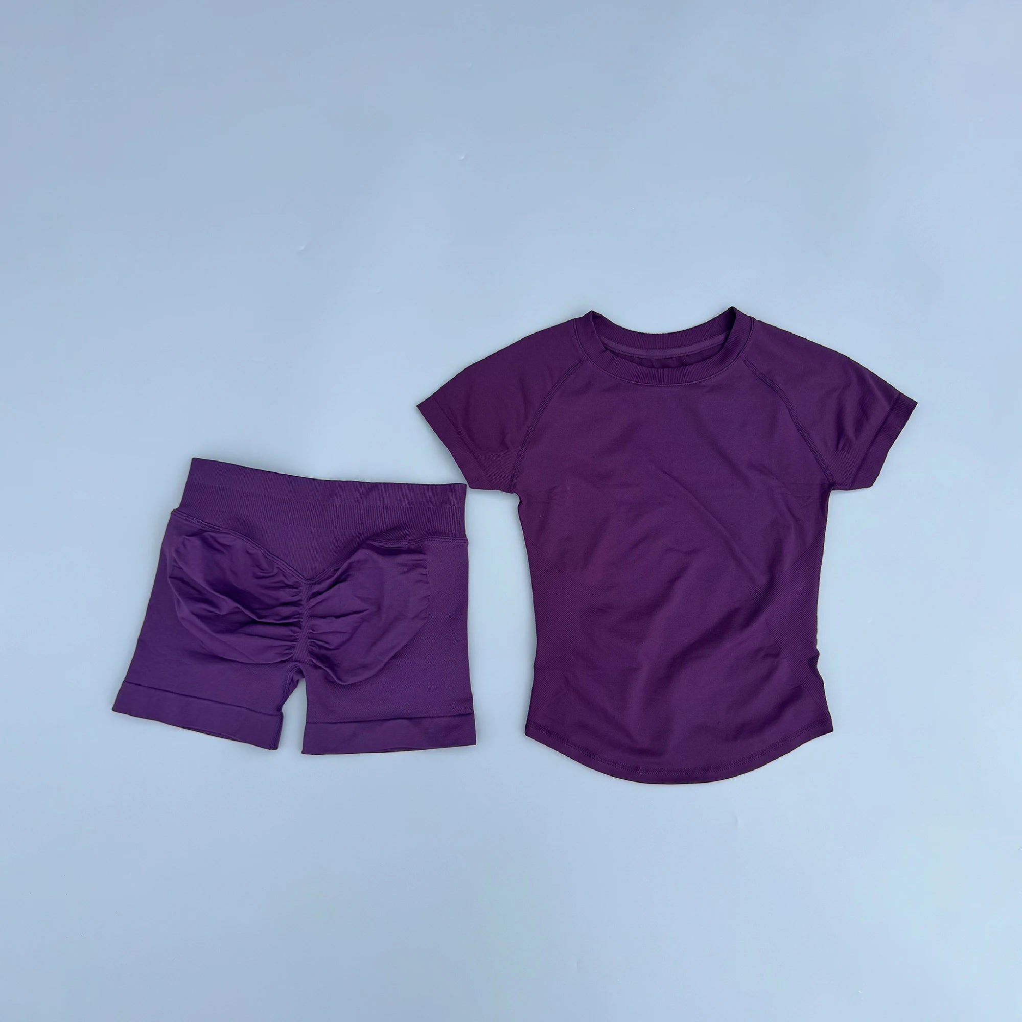 Women 2 Piece Seamless Yoga Set Short Sleeve T-Shirt Curved Hem Ruched Booty Shorts Gym Fitness Suit Matching Activewear Outfits