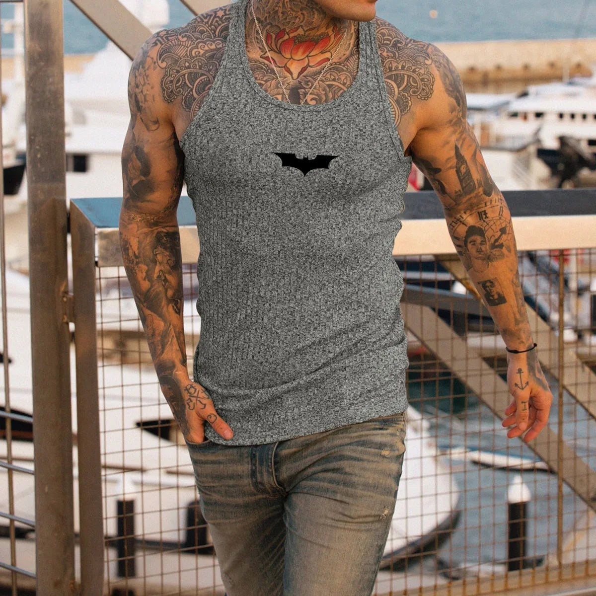 2026 Summer Men Bat Vest Plus Size Stripe Gym Tank Top Men Fitness Male Exercise Sports Vest Undershirt Bodybuilding Clothing