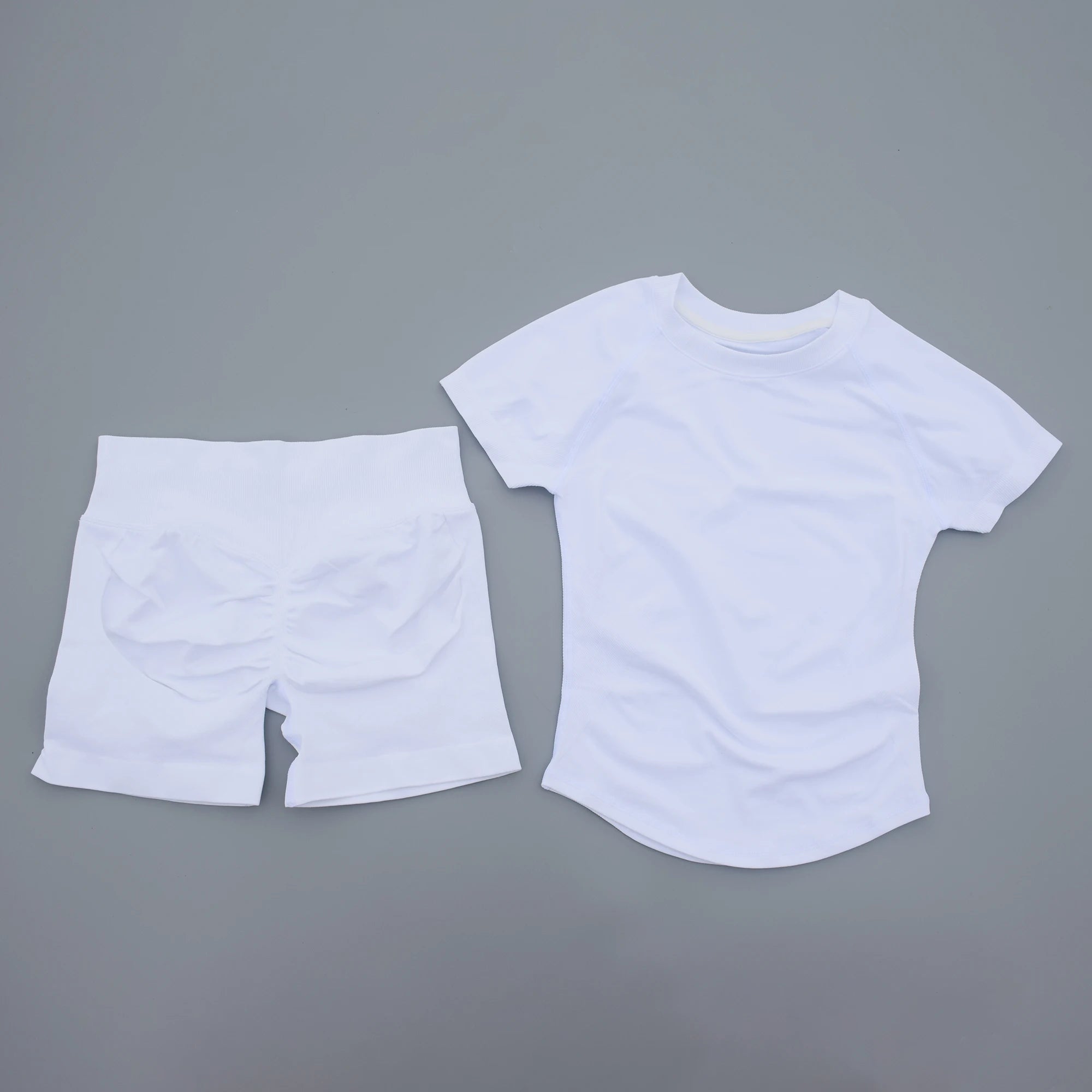 Women 2 Piece Seamless Yoga Set Short Sleeve T-Shirt Curved Hem Ruched Booty Shorts Gym Fitness Suit Matching Activewear Outfits
