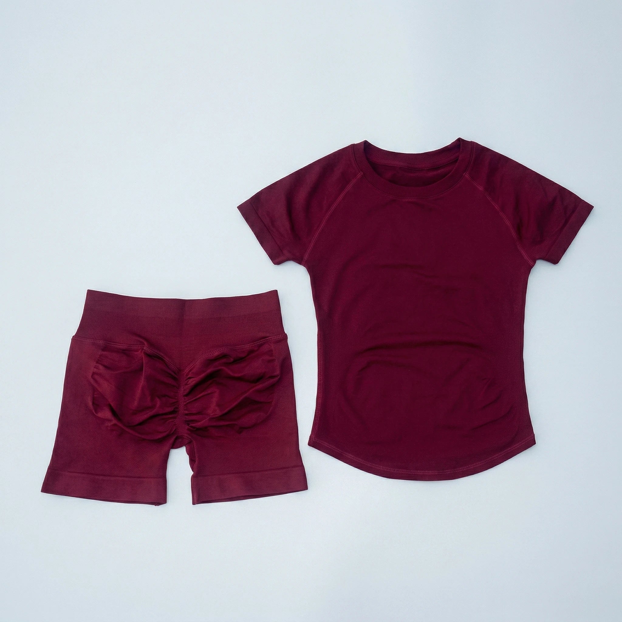 Women 2 Piece Seamless Yoga Set Short Sleeve T-Shirt Curved Hem Ruched Booty Shorts Gym Fitness Suit Matching Activewear Outfits