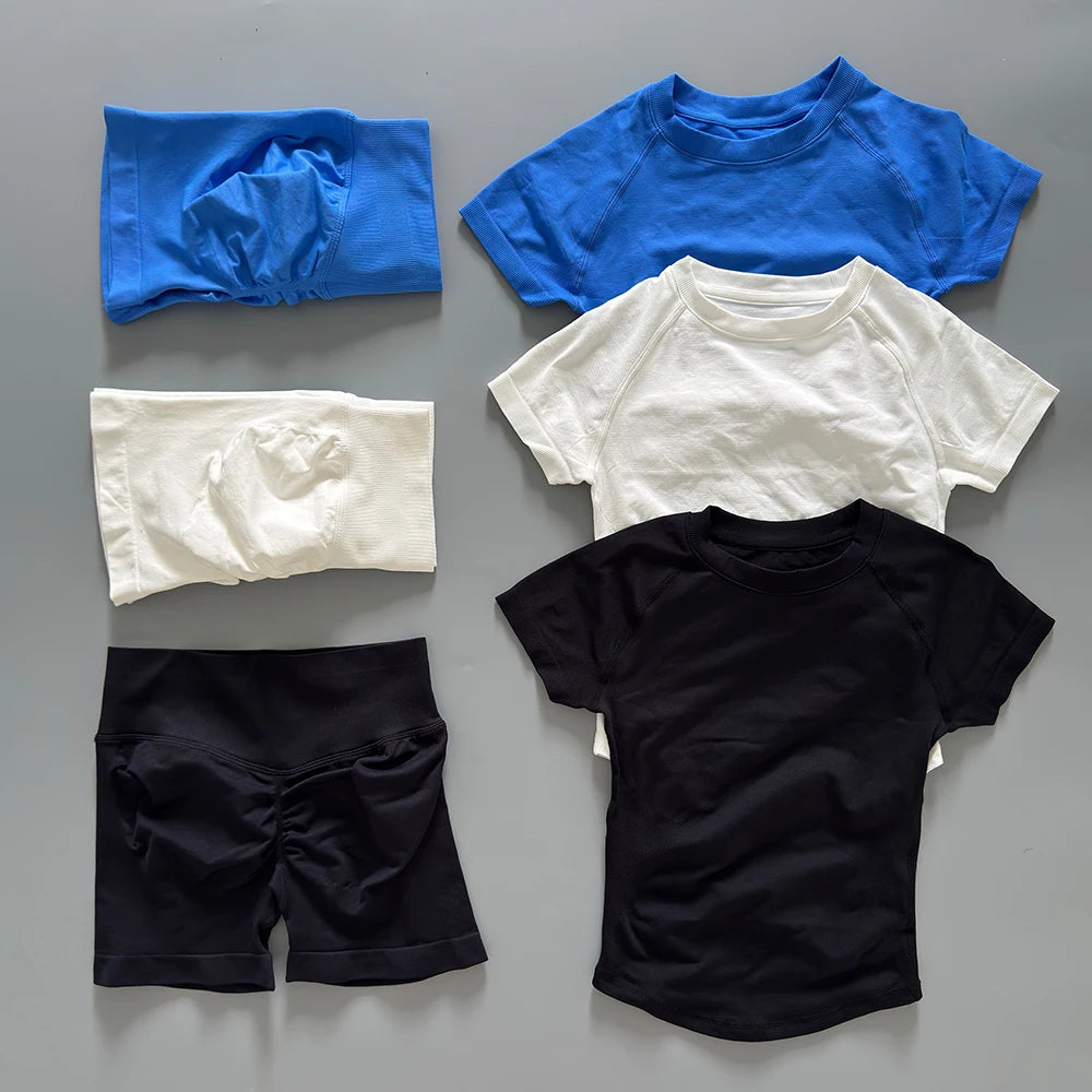 Women 2 Piece Seamless Yoga Set Short Sleeve T-Shirt Curved Hem Ruched Booty Shorts Gym Fitness Suit Matching Activewear Outfits