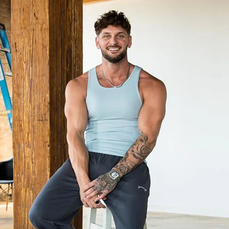 High Stretch Striped Thread American Tight Sports Vest For Men 2024 Summer Running I-shape Speed Dry Fitness Sleeveless Top