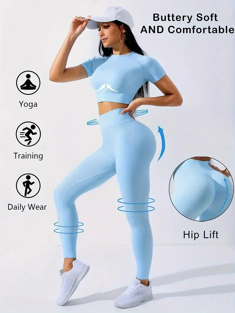 Yoga Set 2 Pieces Women Tracksuits Workout Sportswear Gym Clothing Fitness Short Sleeves Long Leggings