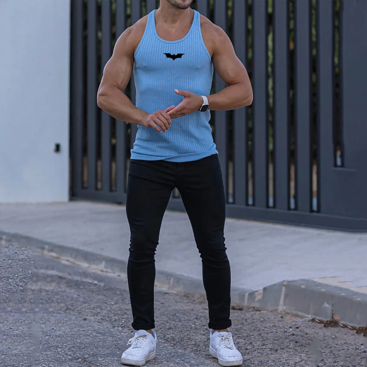 2026 Summer Men Bat Vest Plus Size Stripe Gym Tank Top Men Fitness Male Exercise Sports Vest Undershirt Bodybuilding Clothing