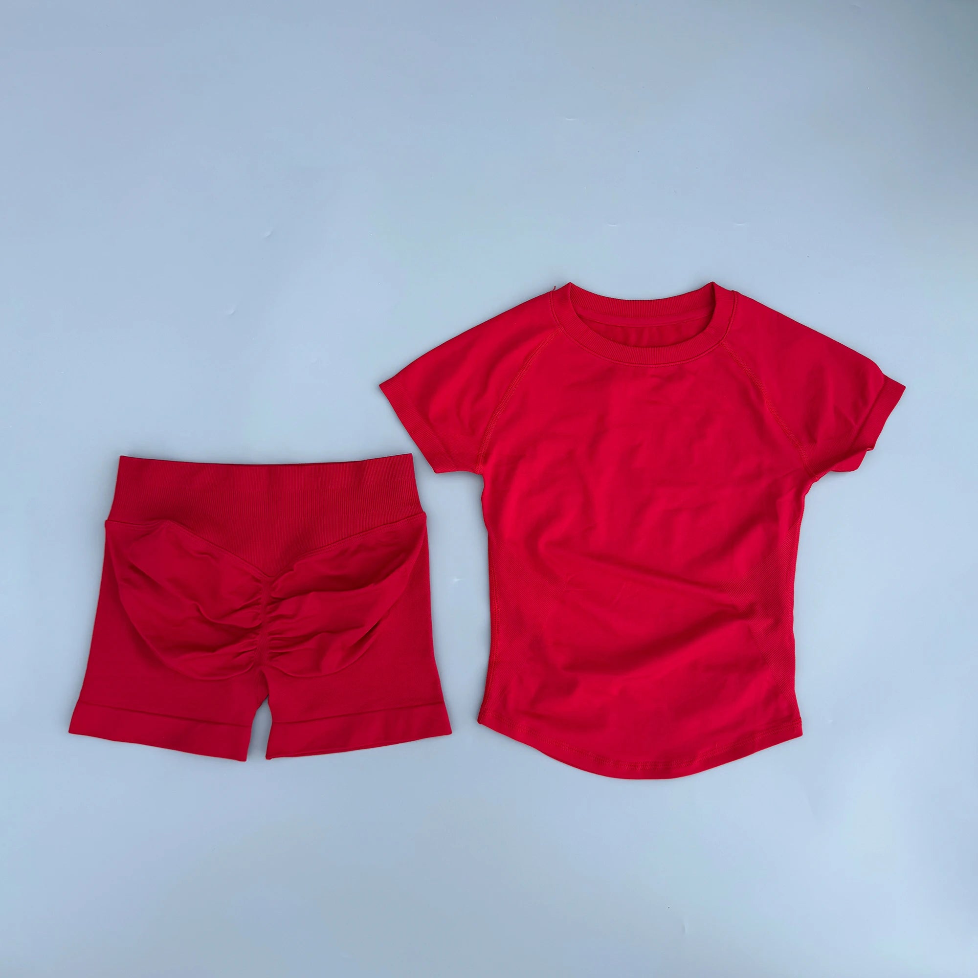 Women 2 Piece Seamless Yoga Set Short Sleeve T-Shirt Curved Hem Ruched Booty Shorts Gym Fitness Suit Matching Activewear Outfits