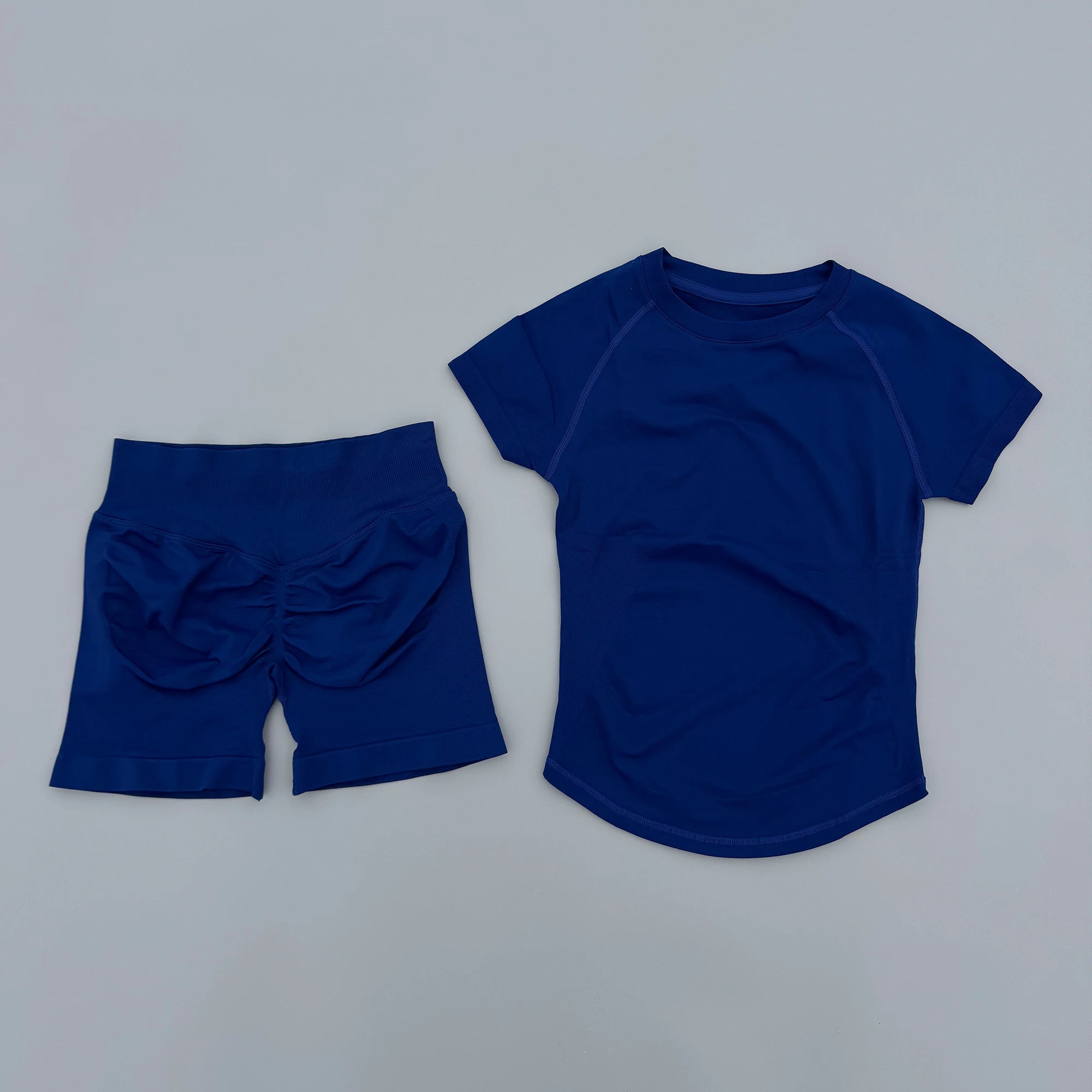 Women 2 Piece Seamless Yoga Set Short Sleeve T-Shirt Curved Hem Ruched Booty Shorts Gym Fitness Suit Matching Activewear Outfits
