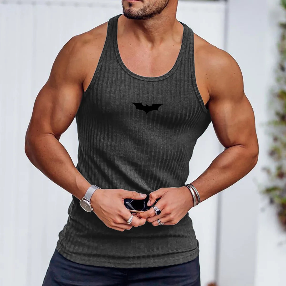 2026 Summer Men Bat Vest Plus Size Stripe Gym Tank Top Men Fitness Male Exercise Sports Vest Undershirt Bodybuilding Clothing