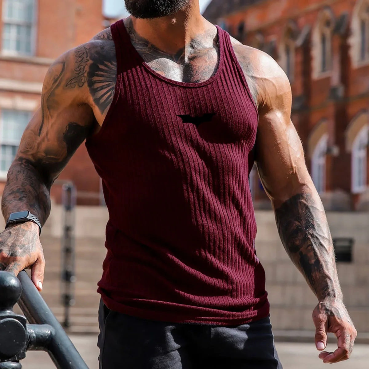 2026 Summer Men Bat Vest Plus Size Stripe Gym Tank Top Men Fitness Male Exercise Sports Vest Undershirt Bodybuilding Clothing