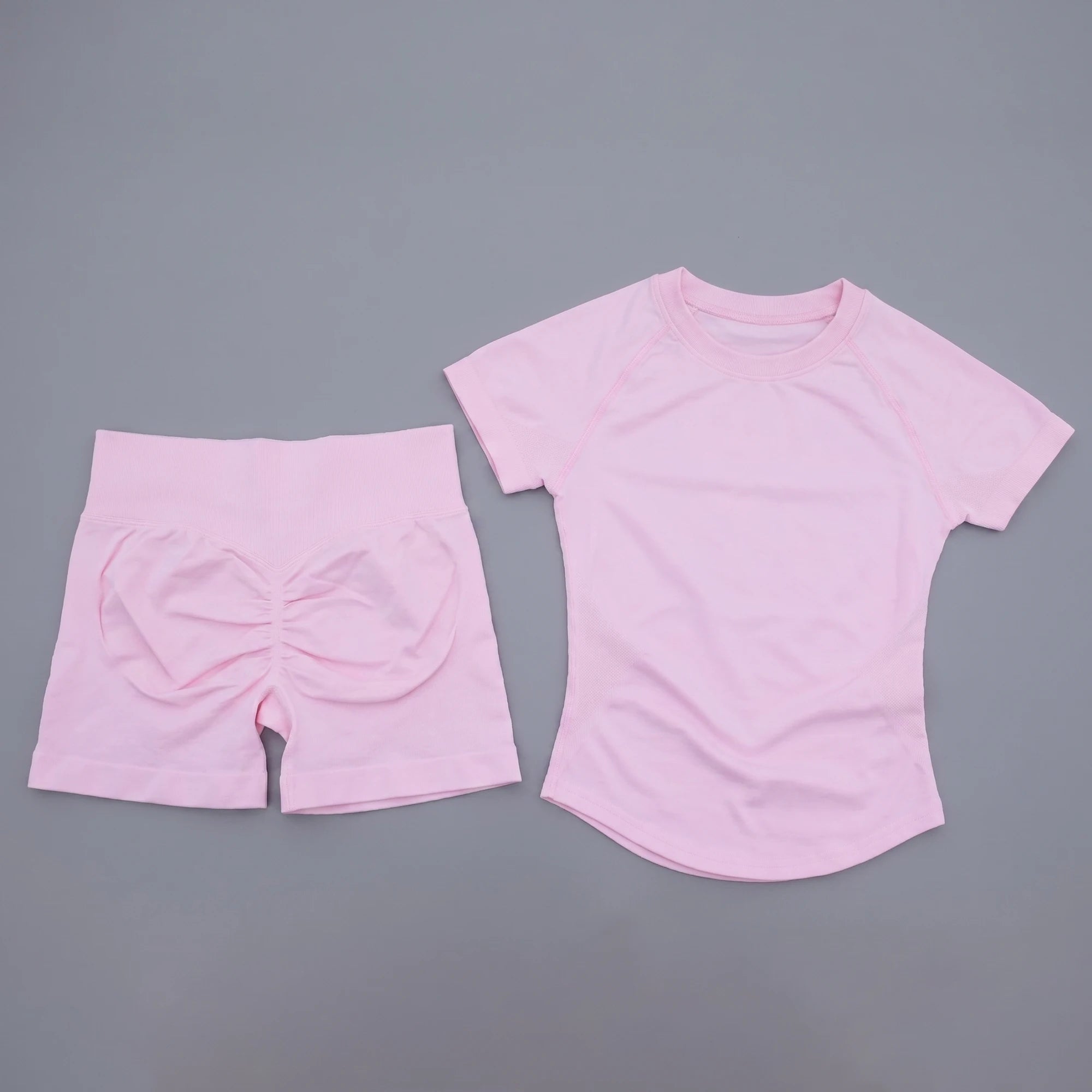 Women 2 Piece Seamless Yoga Set Short Sleeve T-Shirt Curved Hem Ruched Booty Shorts Gym Fitness Suit Matching Activewear Outfits
