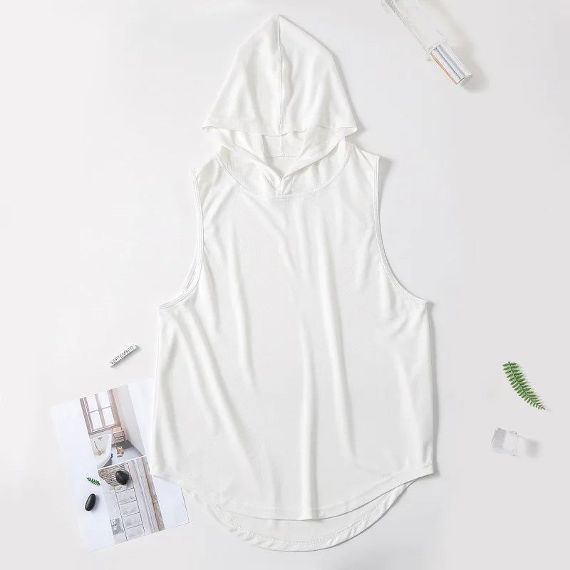 Mens Gym Tank top Men Fitness Sleeveless hooded Shirt Male Mesh Breathable Fitness Sports Vest Undershirt Gyms Running Vest Men