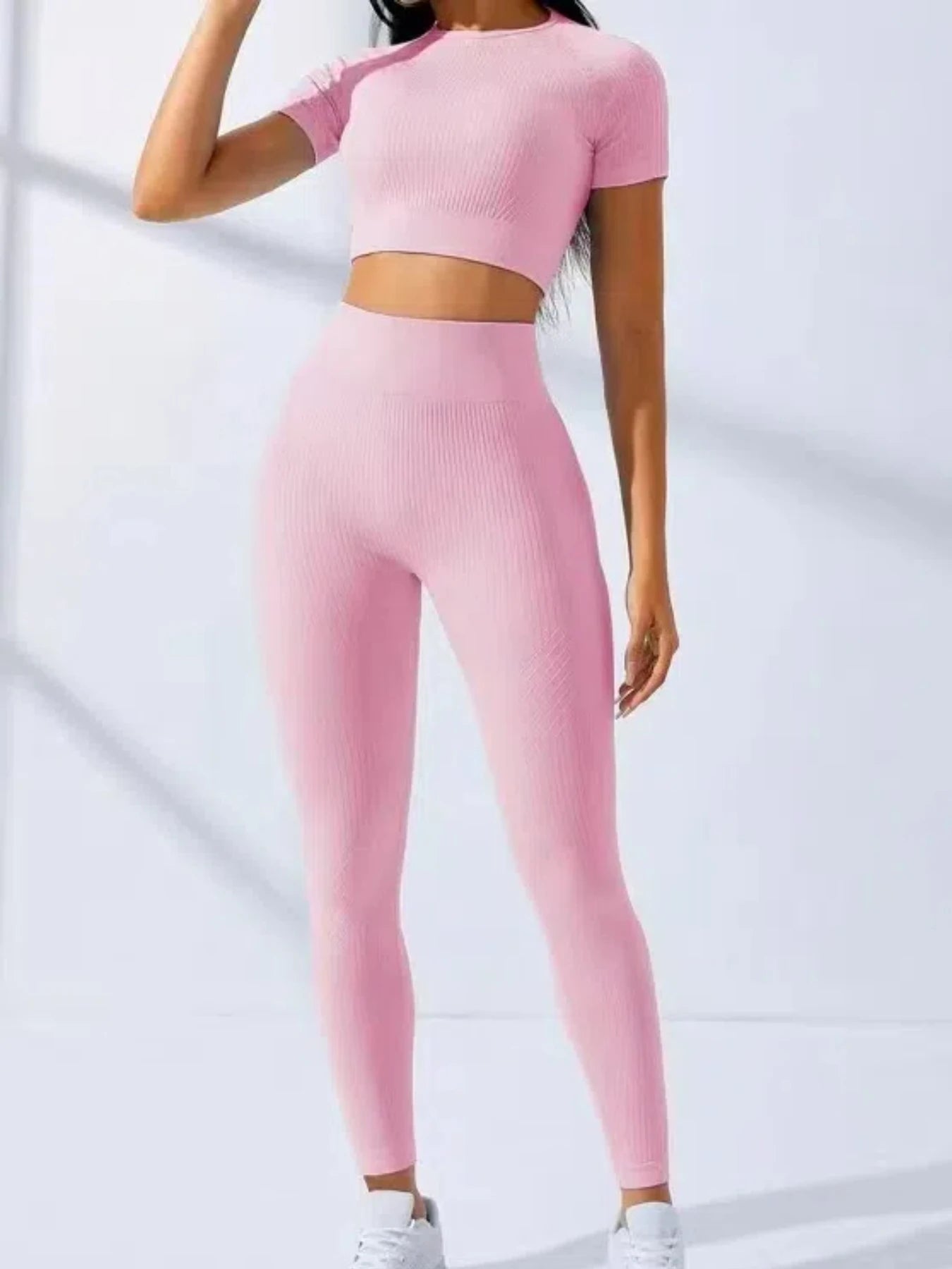 Yoga Set 2 Pieces Women Tracksuits Workout Sportswear Gym Clothing Fitness Short Sleeves Long Leggings