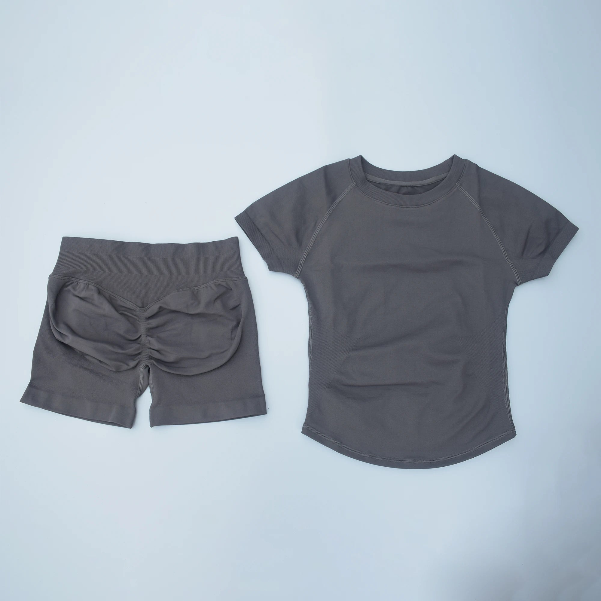 Women 2 Piece Seamless Yoga Set Short Sleeve T-Shirt Curved Hem Ruched Booty Shorts Gym Fitness Suit Matching Activewear Outfits