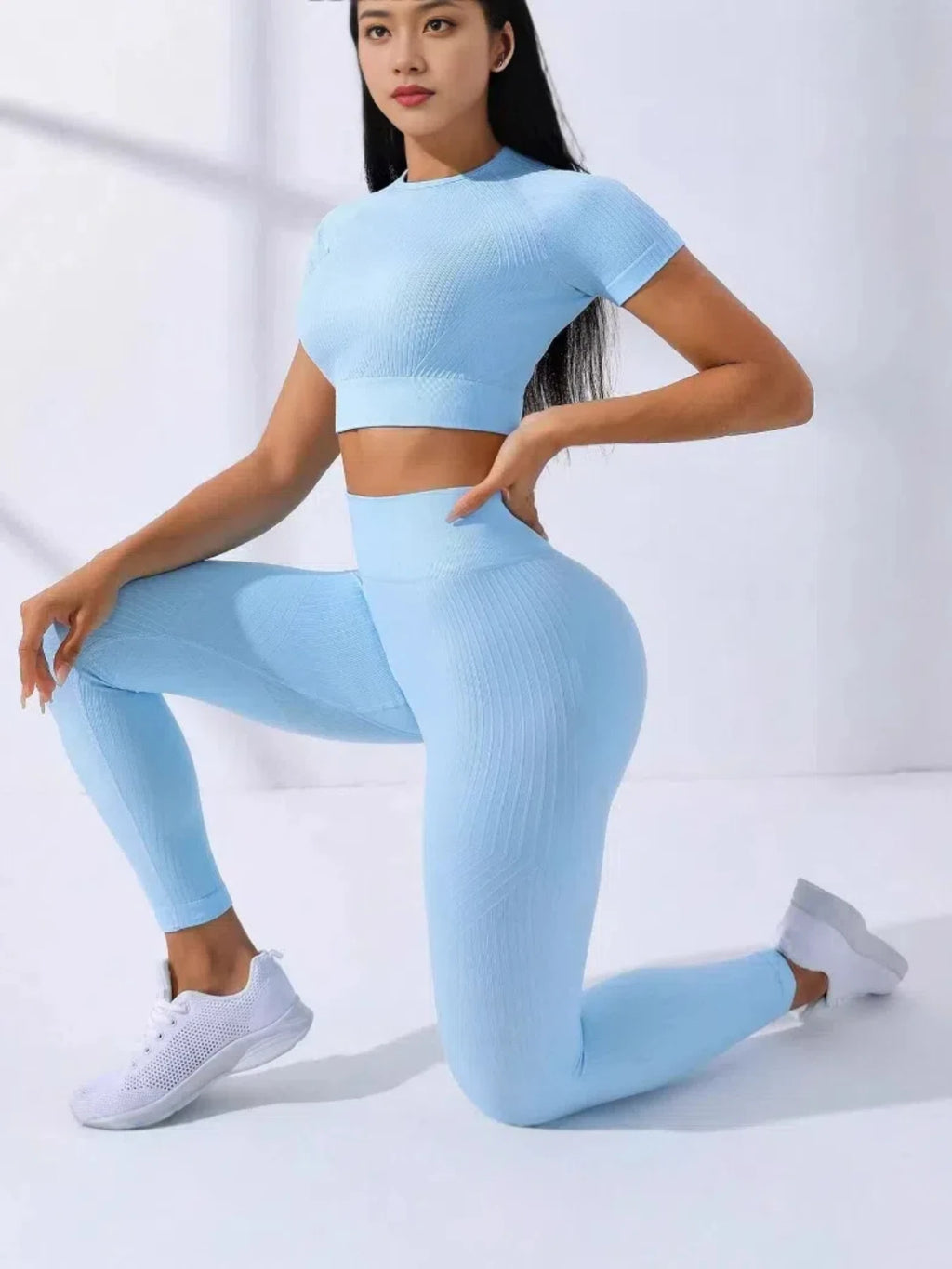 Yoga Set 2 Pieces Women Tracksuits Workout Sportswear Gym Clothing Fitness Short Sleeves Long Leggings