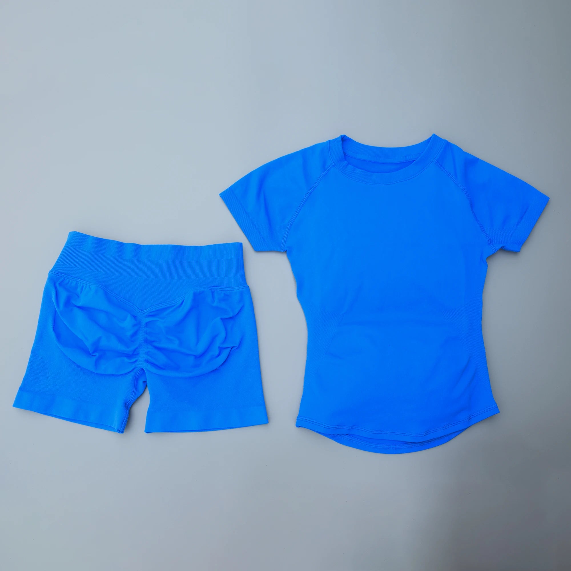 Women 2 Piece Seamless Yoga Set Short Sleeve T-Shirt Curved Hem Ruched Booty Shorts Gym Fitness Suit Matching Activewear Outfits