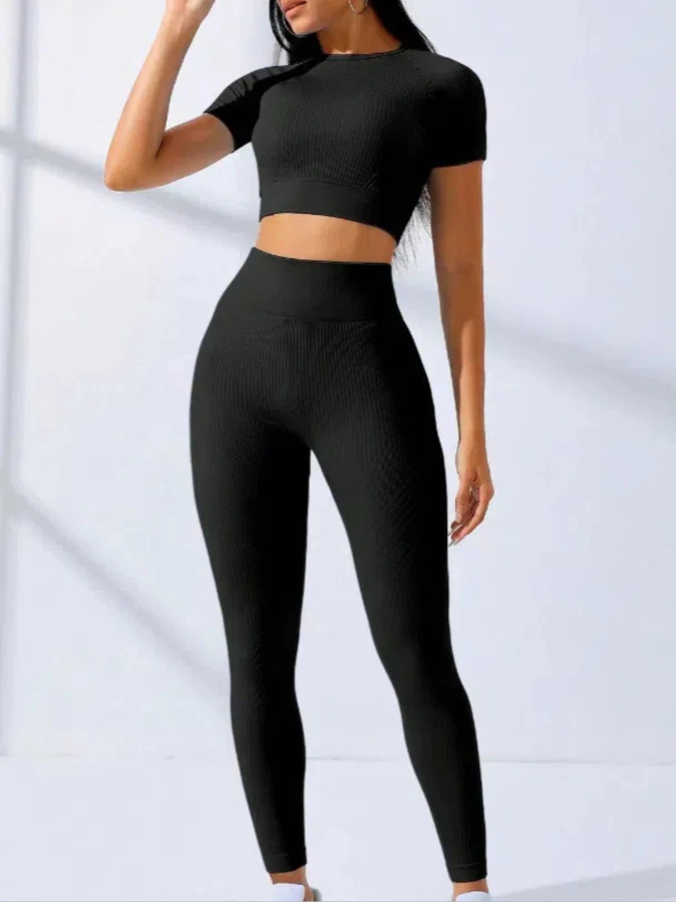 Yoga Set 2 Pieces Women Tracksuits Workout Sportswear Gym Clothing Fitness Short Sleeves Long Leggings