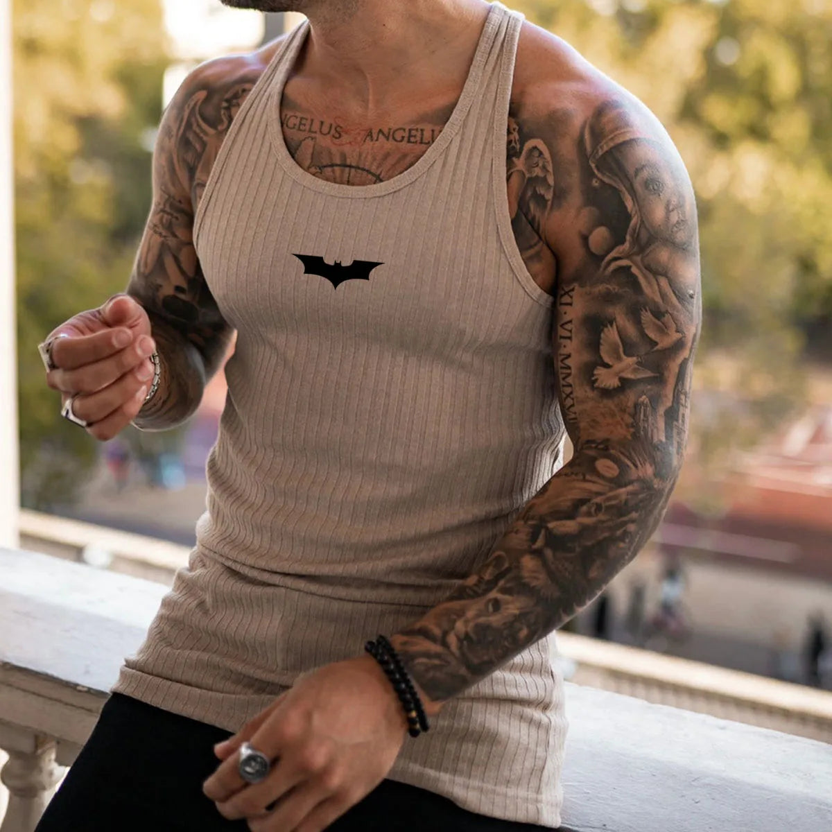 2026 Summer Men Bat Vest Plus Size Stripe Gym Tank Top Men Fitness Male Exercise Sports Vest Undershirt Bodybuilding Clothing