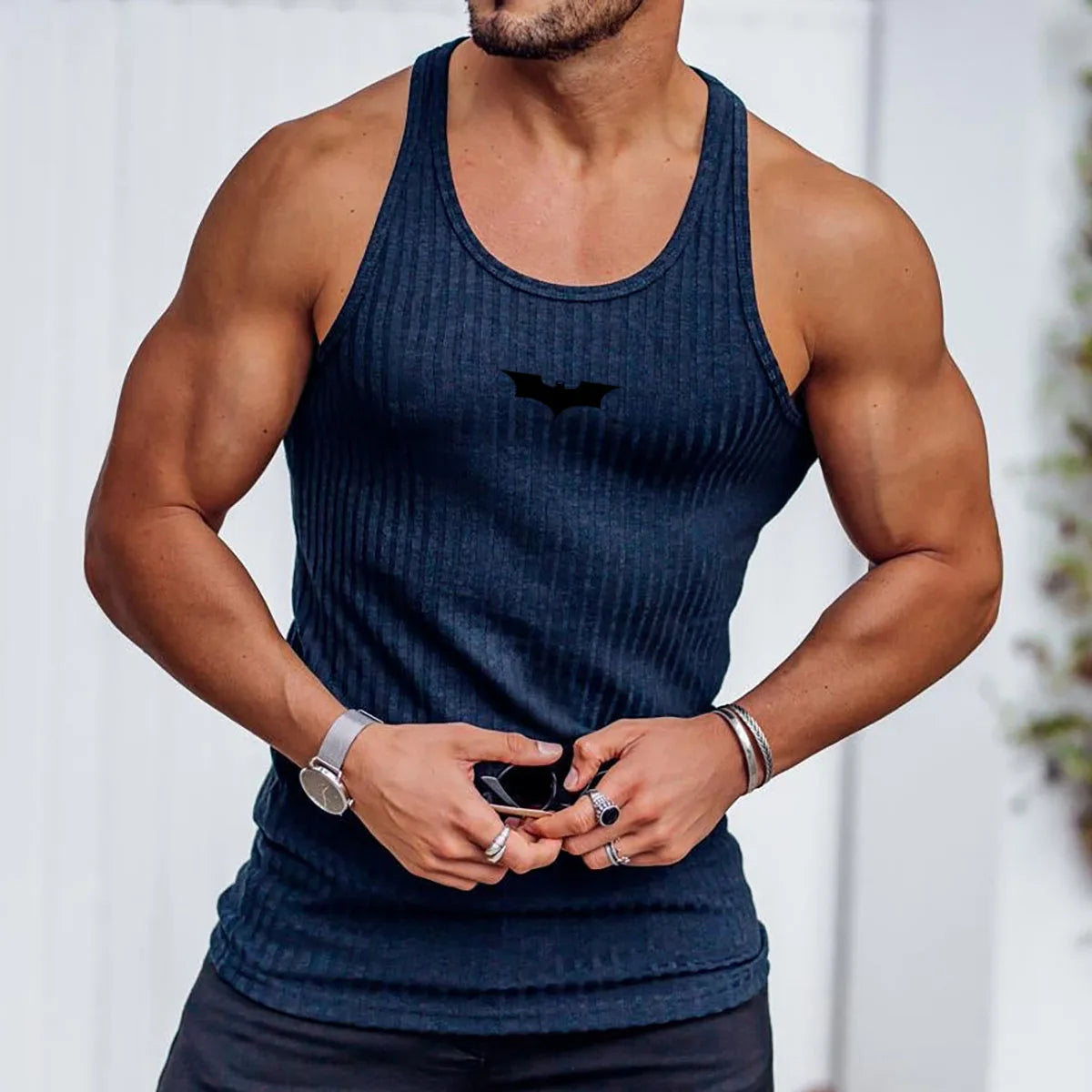 2026 Summer Men Bat Vest Plus Size Stripe Gym Tank Top Men Fitness Male Exercise Sports Vest Undershirt Bodybuilding Clothing
